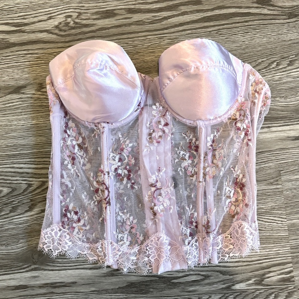 Lavender Purple Lace Floral Sheer Bustier Corset Strapless Top